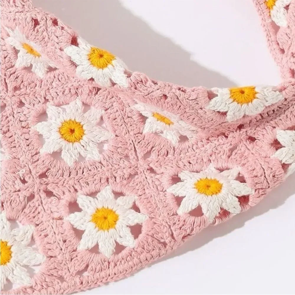 Crochet Triangle Flower Headscarf Bandana in Pink, White & Yellow